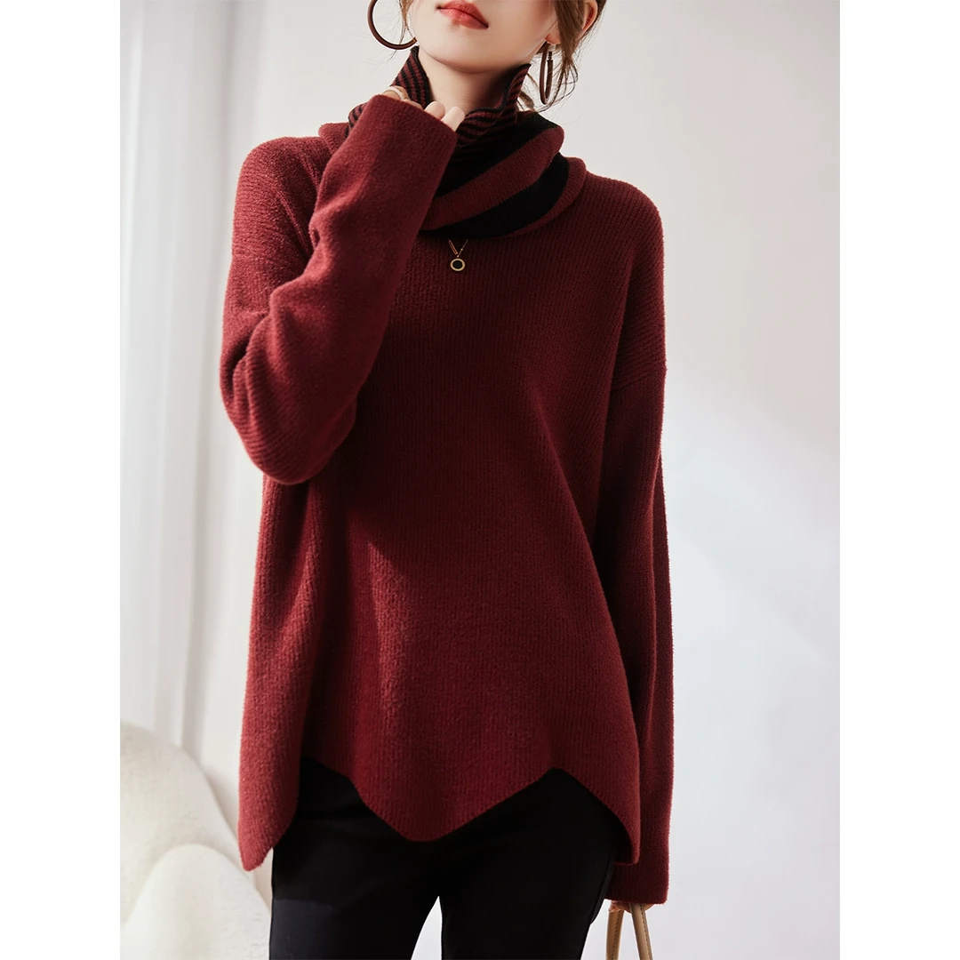 圆领毛衣女冬加厚2024新款欧货宽松时尚洋气显瘦针织不规则上衣