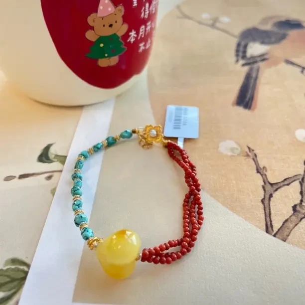 天然蜜蜡爱心圆珠手链男女款小众精致DIY