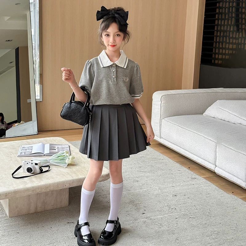 女童夏季套装2025新款儿童装洋气大童polo领短袖女孩百褶短裙衣服