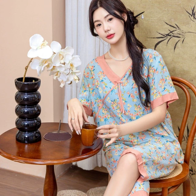 人造棉夏季女士睡衣短袖2025新款V领套头新中式棉绸两件套家居服