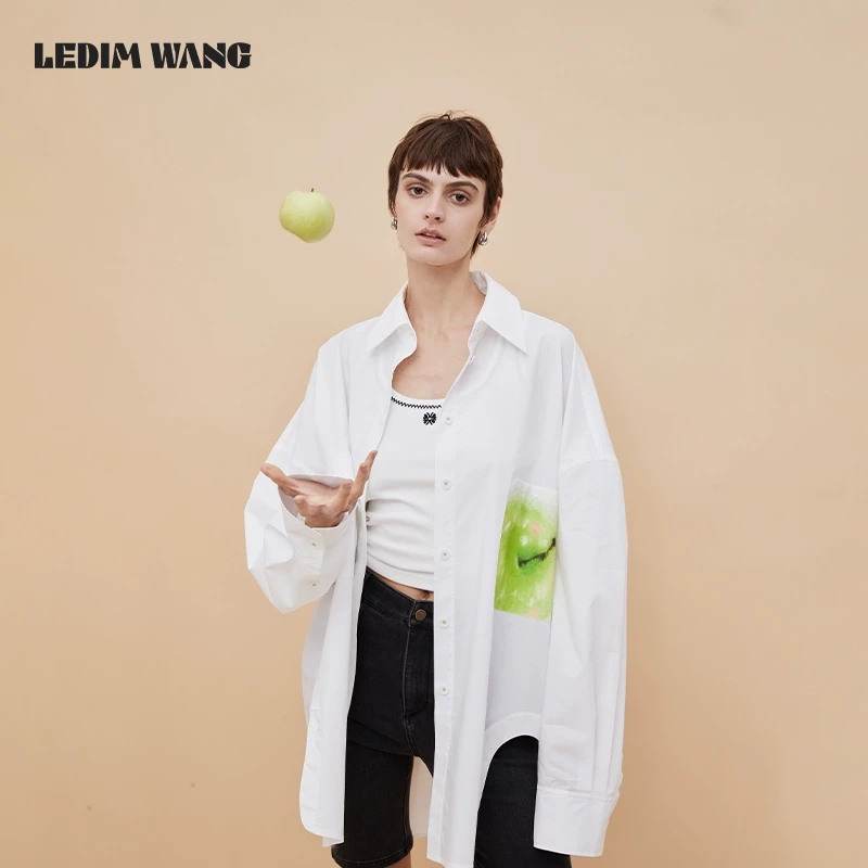 LEDIM WANG青苹果印花衬衫女春日氛围感白色休闲宽松阔形长袖衬衣
