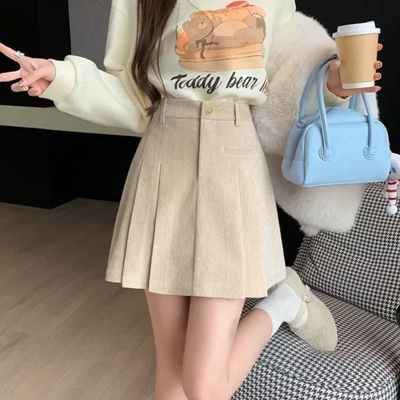 毛呢短裙女2025春秋款呢子a字裙高腰小香风百褶裙休闲百搭半身裙