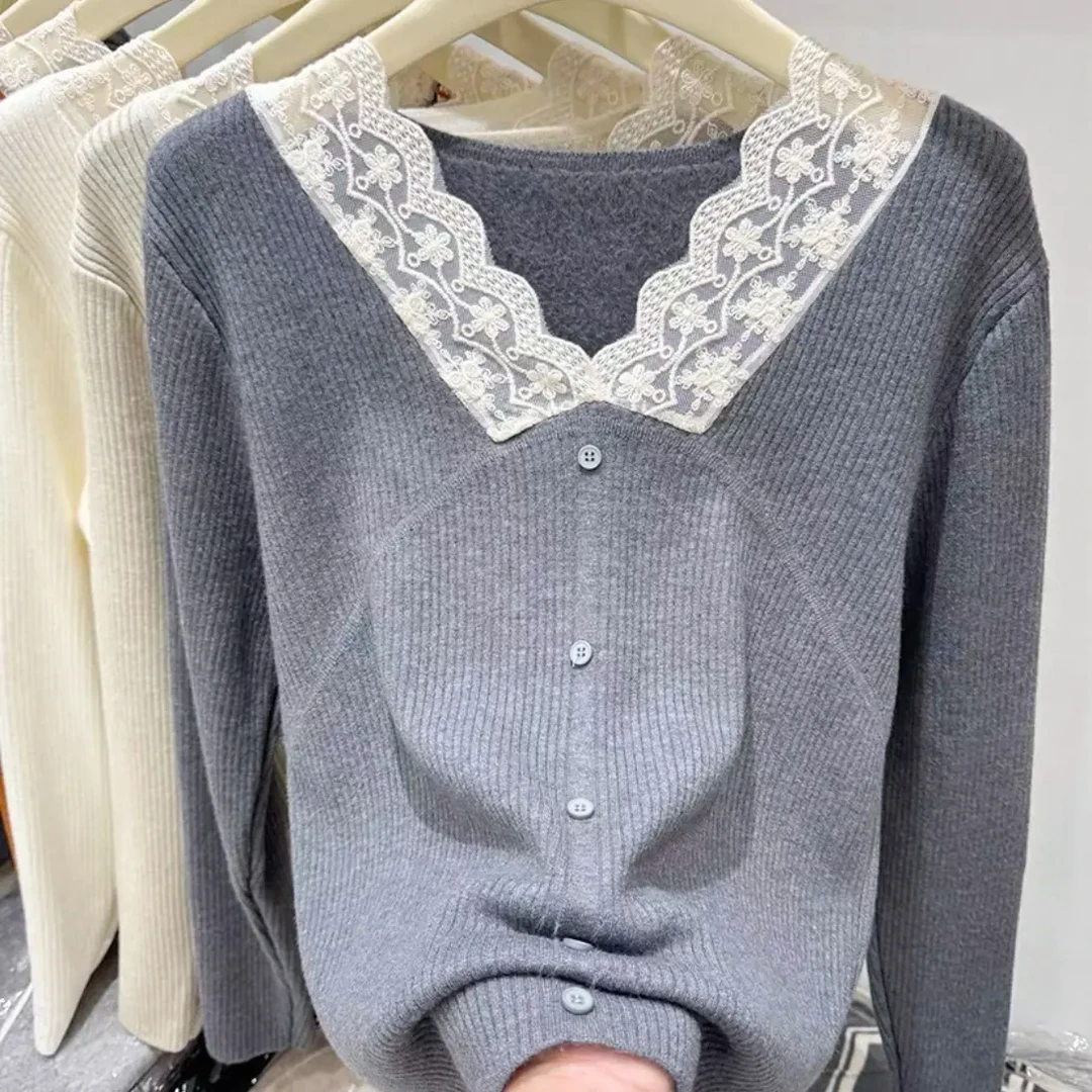 秋冬新款蕾丝拼接V领加绒针织打底衫女修身显瘦百搭恩琪450