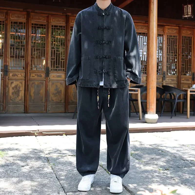 大码300斤轻奢痞帅禅意男装秋季国风牛仔衬衫夹克休闲宽松套装