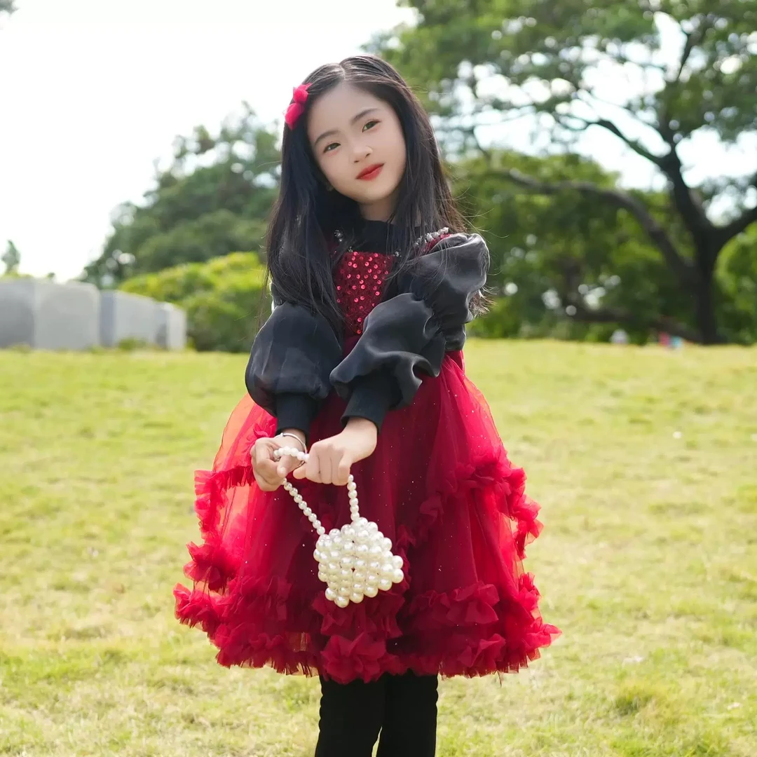 女童加绒公主裙冬装新款连衣裙女宝宝周岁礼服儿童年服红色蛋糕裙