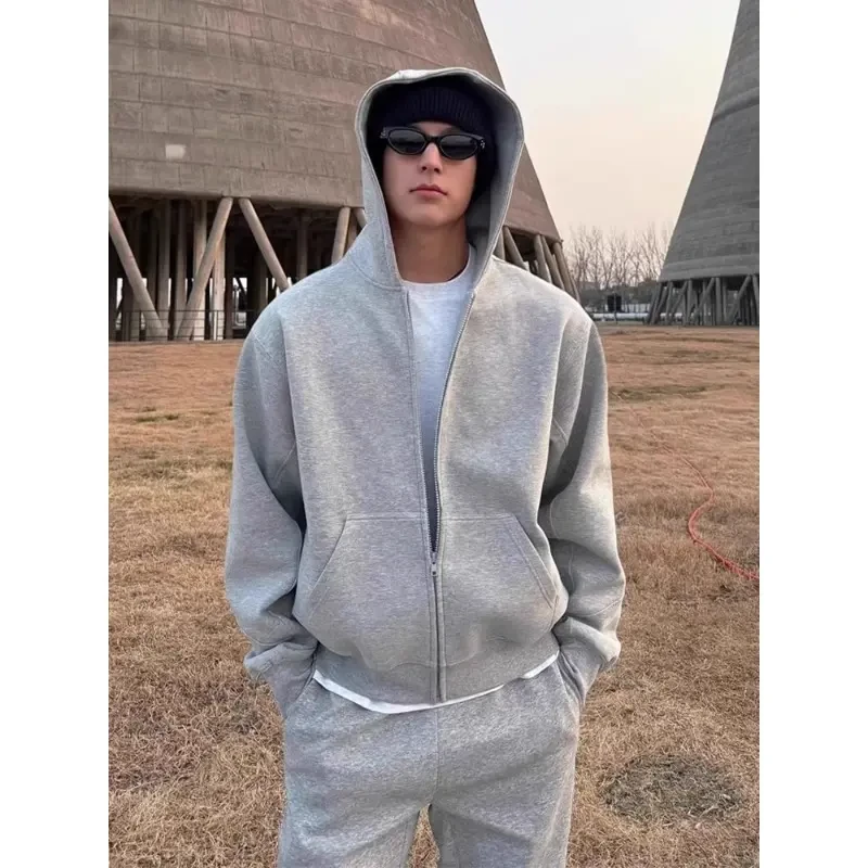 cleanfit穿搭灰色重磅boxy卫衣男款春秋季美式复古硬挺连帽衫外套