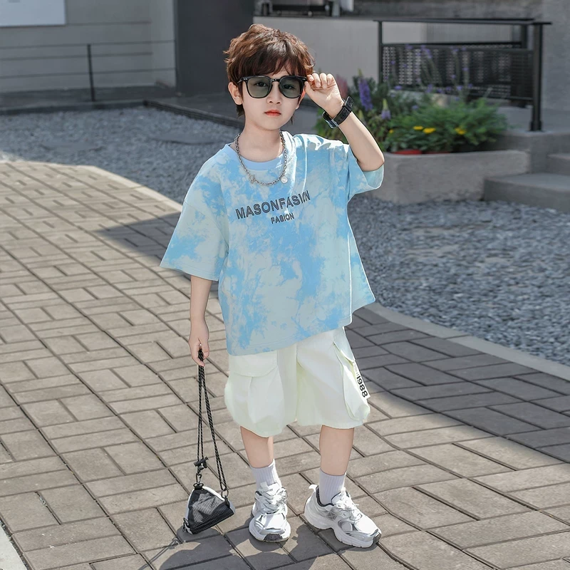 男童夏装套装2025新款酷帅T儿童薄款扎染短袖t恤宝宝休闲运动短裤