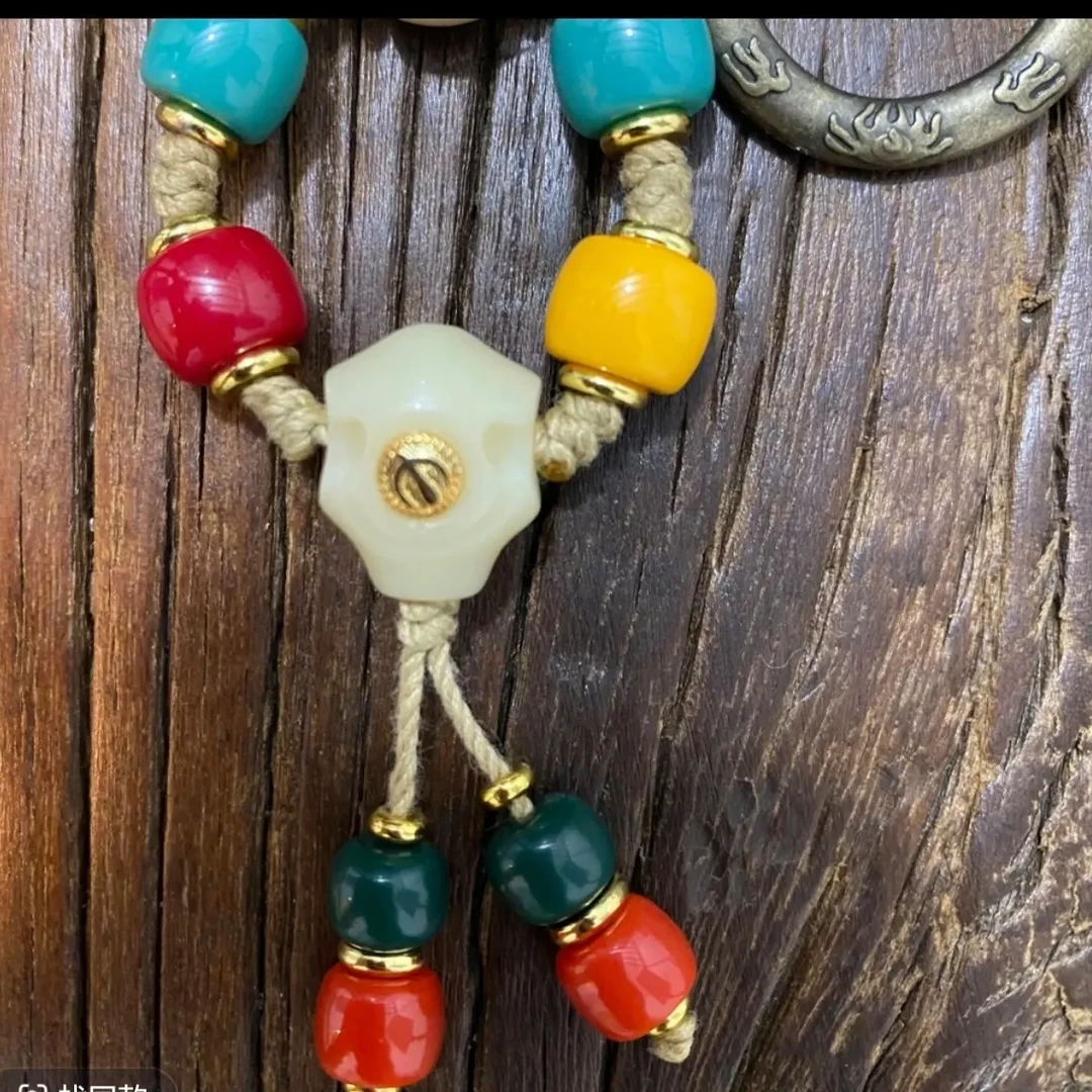 藏式风格文玩配件牙白三通套装雪巴琉璃红绿灯适合7-10mm珠串文玩