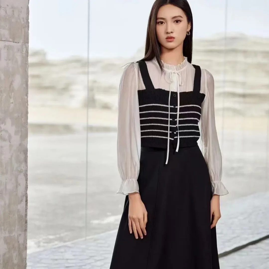 黑色条纹假两件衬衫甜美风宽松显瘦时尚上衣