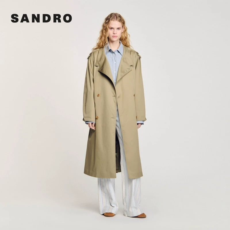 流光风|SANDRO2025早秋新款卡其色双排扣收腰系带风衣SFPOU00700