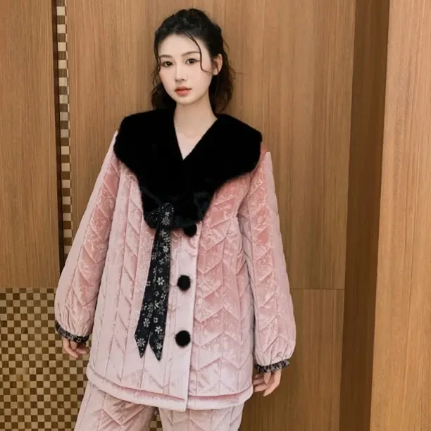 原艾慕优落日玫瑰加绒加厚可外穿甜美风格家居服