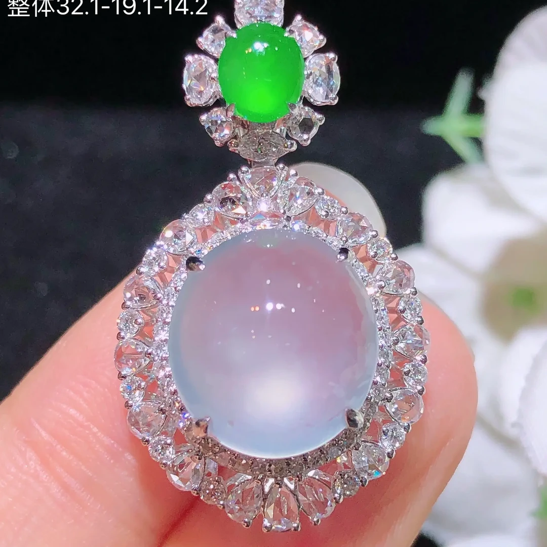 天然缅料A货翡翠高冰蛋面吊坠18K金镶钻