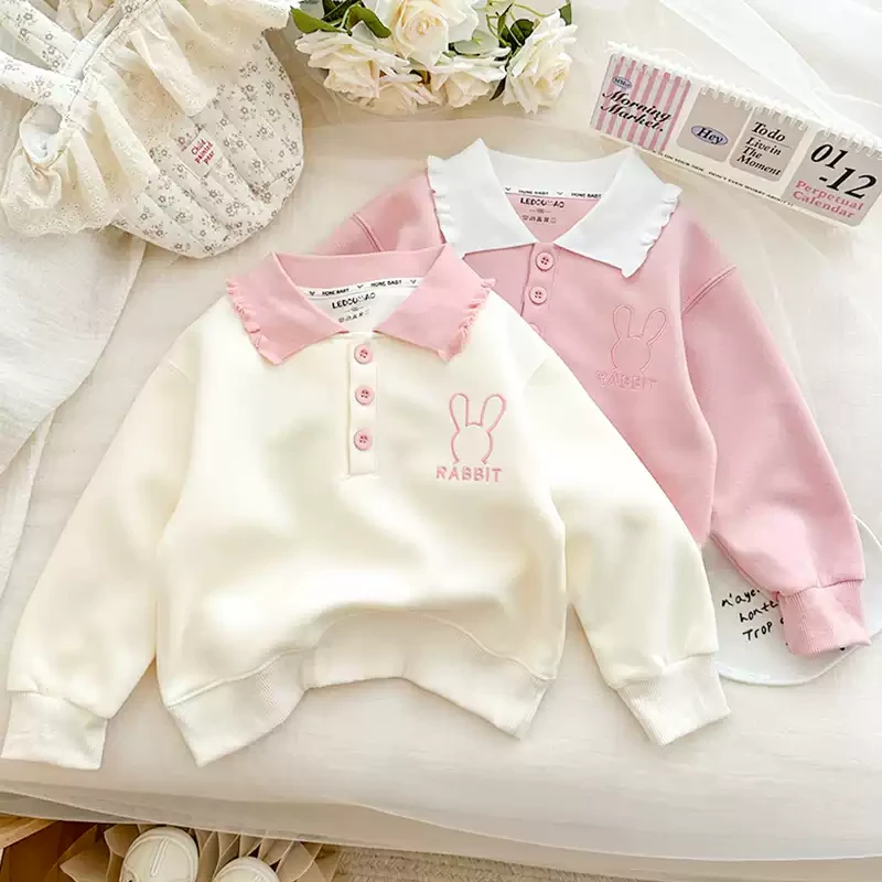 女童卫衣2025秋冬新款中大童甜美刺绣小兔卡通娃娃领韩版宽松上衣