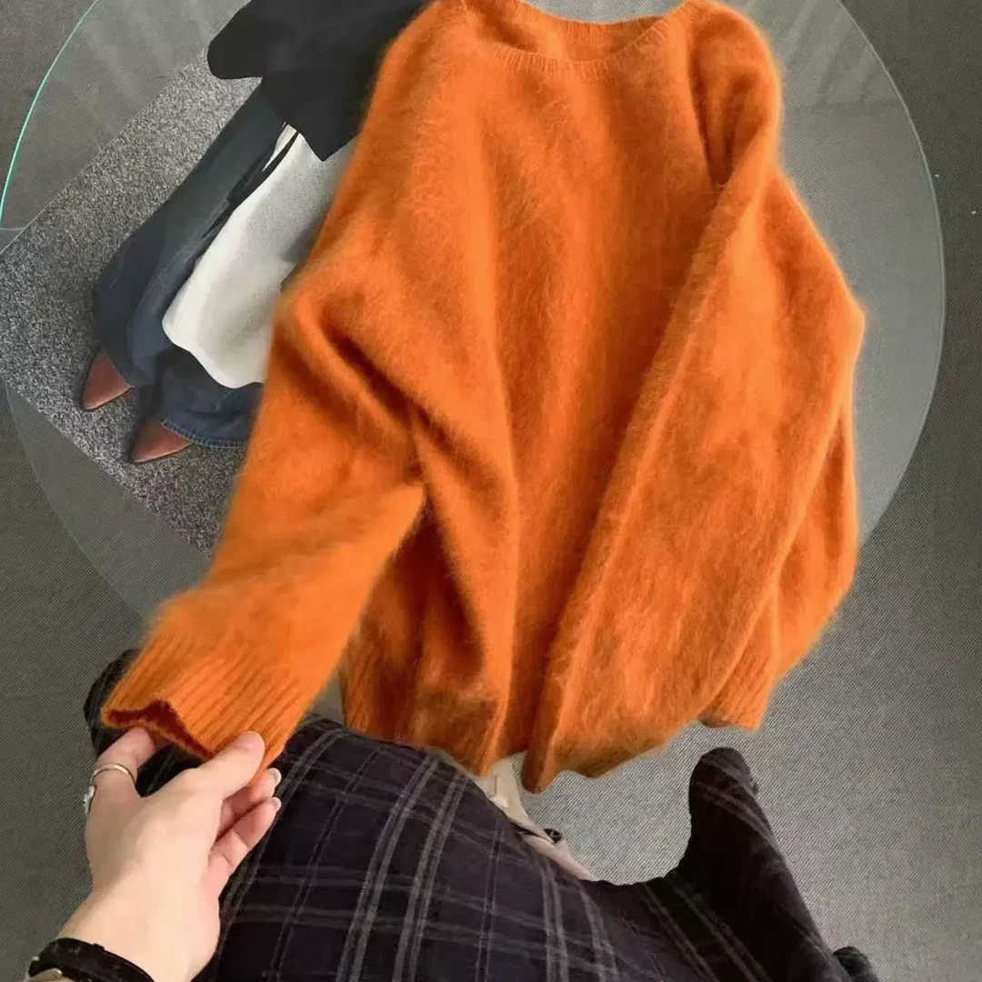 慵懒风拉绒圆领套头毛衣女秋冬宽松内搭羊毛衫（不能机洗）