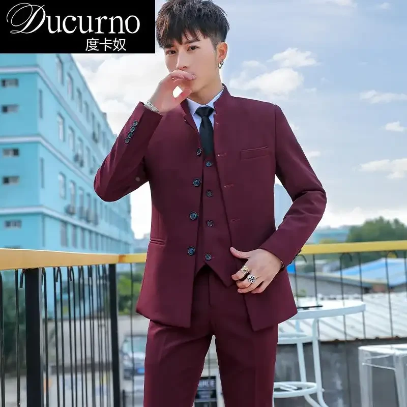 中山装男士西服套装中国风结婚礼服韩版老板立领休闲小西装外套秋