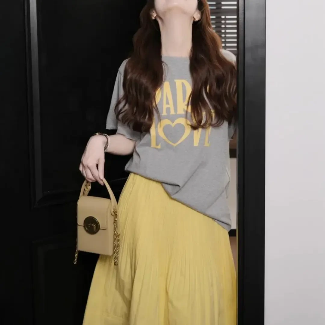 B323+3142夏季韩系穿搭慵懒风休闲印花T恤上衣高腰半身裙套装