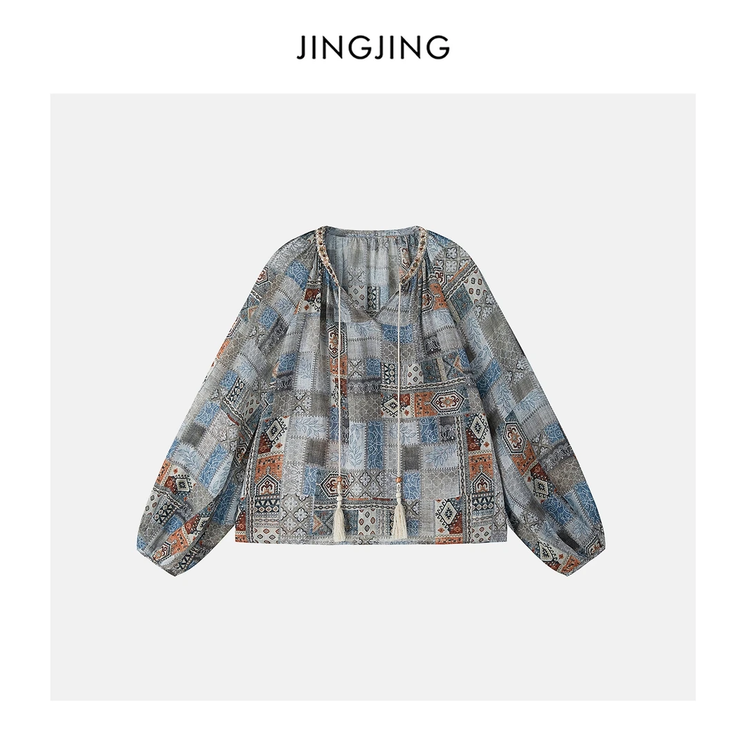 JINGJING2025新款“米兰小镇”100苎麻复古感民族风拼接印花衬衫