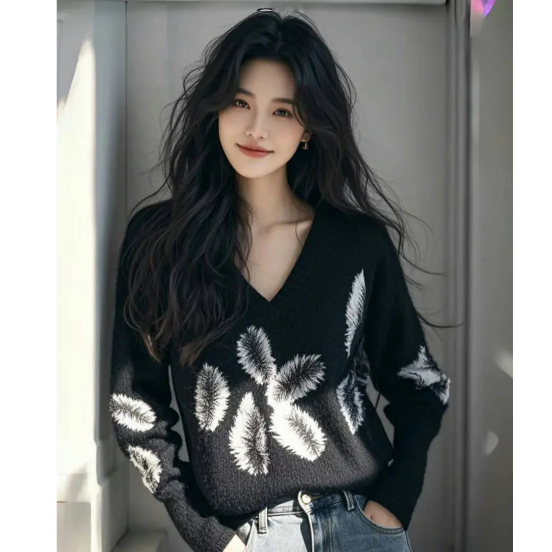 2025新款复古高级感超好看上衣时尚黑色v领宽松毛针织毛衣女春