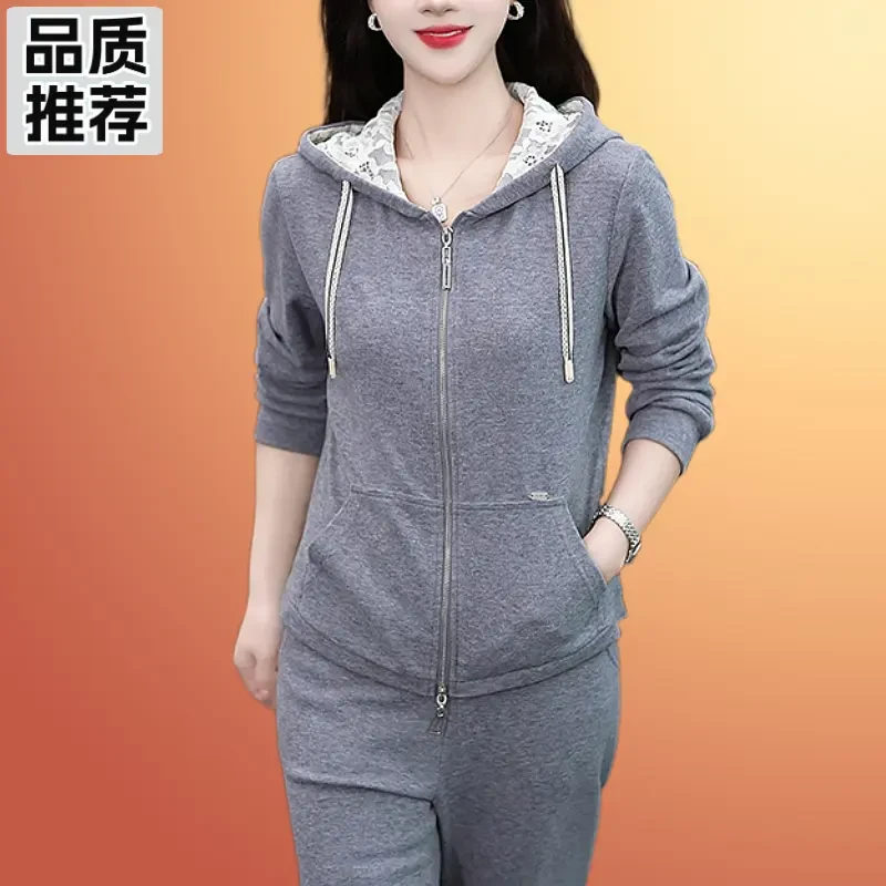 爆款潮连帽运动套装女春秋季时髦中老年减龄运动装两件套跑步休闲