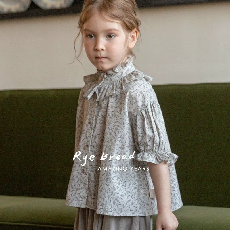 ryebread/黑面包童装 韩系碎花女小童花苞袖纯棉小衫4夏