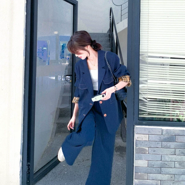 高级感蓝色西装套装女春秋通勤盐系轻熟风减龄独特别致西服两件套