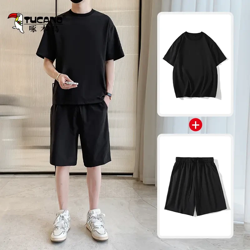 啄木鸟2025夏季新款纯色男士套装简约百搭高级感男装