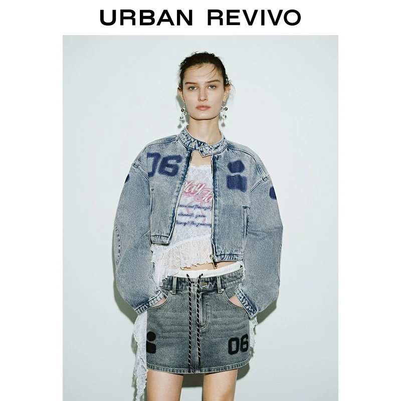UR2025春季新款女装欧若风水洗撞色数字短款牛仔外套UYV850027
