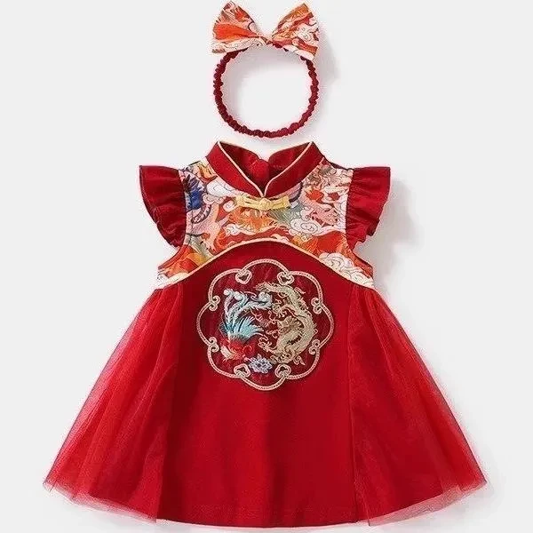 女童连衣裙夏季周岁女宝宝礼服一岁小女孩红色中国风公主裙抓周