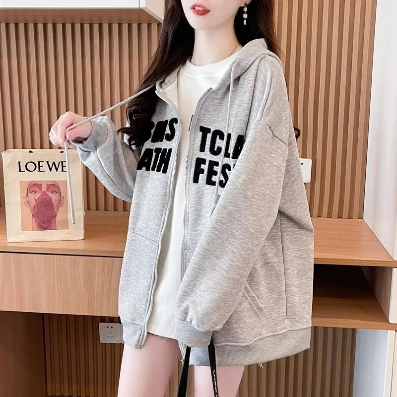 休闲时尚连帽开衫运动卫衣女秋冬季胖mm大码中长款加绒加厚外套潮