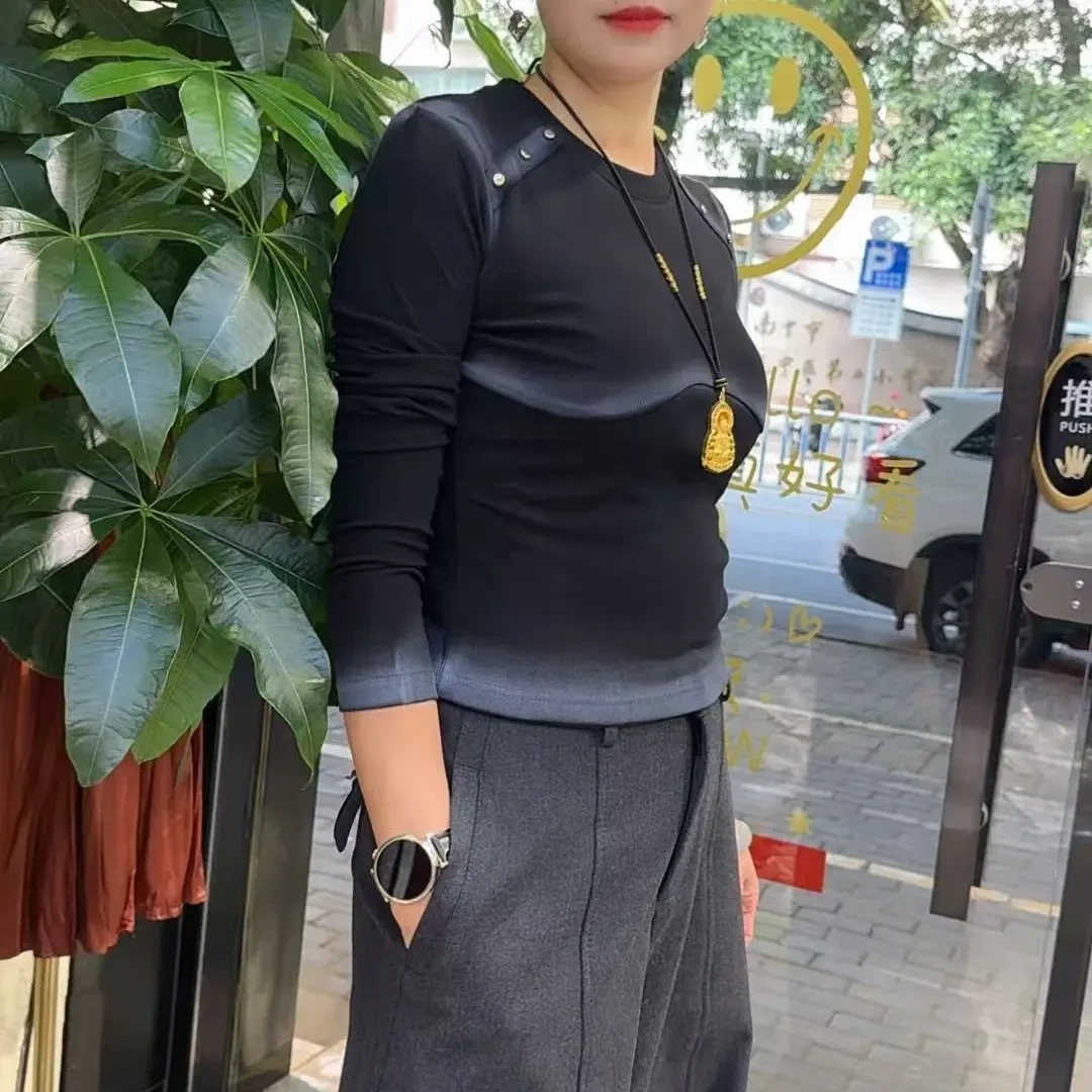 6113性感风烫印长袖印花针织T恤百搭修身套装时尚