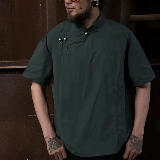 夏季新款民族风斜襟盘扣立领衬衫男士蒙古元素薄款宽松短袖衬衣帅