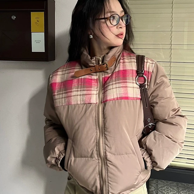 美拉德格子拼接棉服外套女冬季加厚保暖棉袄立领短款面包服棉衣潮