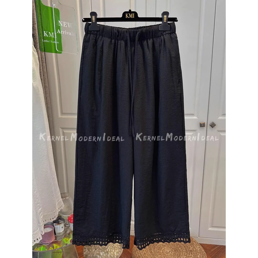 夏装高腰简约风甜美阔腿长裤子韩版温柔风钩花薄款女款九分休闲裤