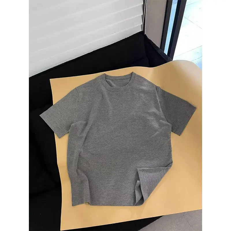 格雷系麻灰色三本针T恤男cleanfit纯棉重磅短袖宽松百搭半截袖夏