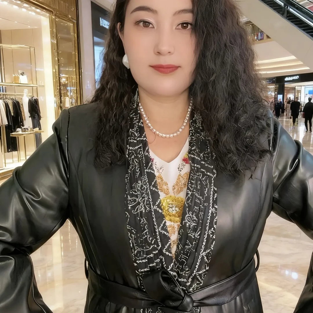V领皮衣长款秋冬季秋冬收腰拼接轻职风春秋冬黑色