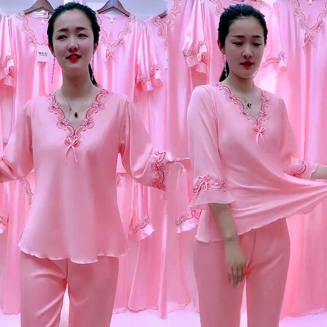 睡衣女夏季冰丝长袖长裤性感大码韩版七分袖家居服两件套仿真丝