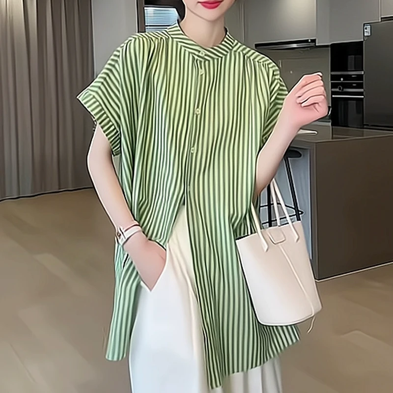 2025新款条纹衬衫女士夏季宽松时尚减龄独特超好看中长款短袖上衣