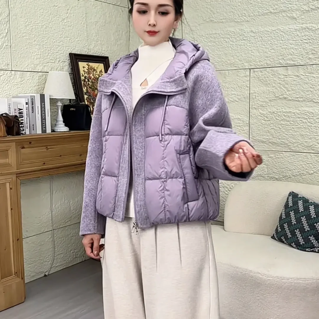 冬季时尚韩版休闲连帽长袖拼接手缝双面呢羊毛外套