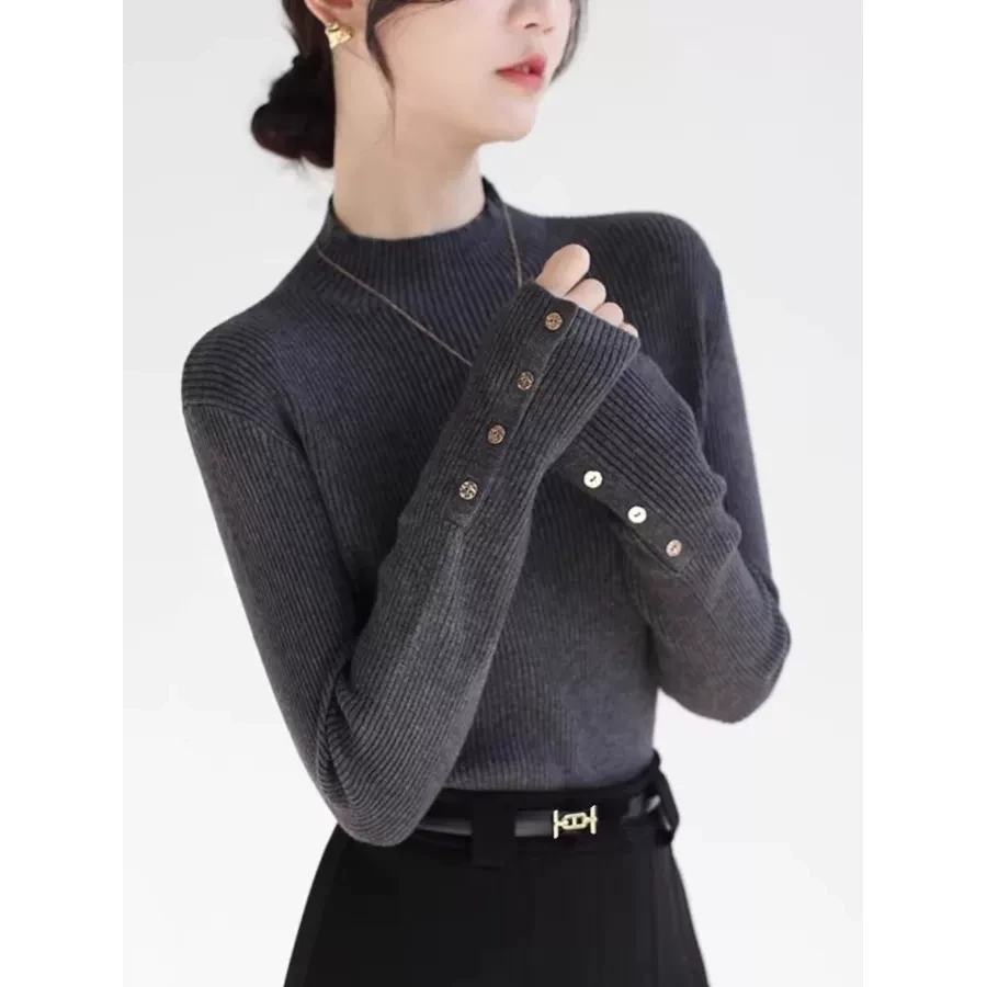 高级感深灰色半高领针织衫女2024秋冬好看洋气上衣内搭毛衣打底衫