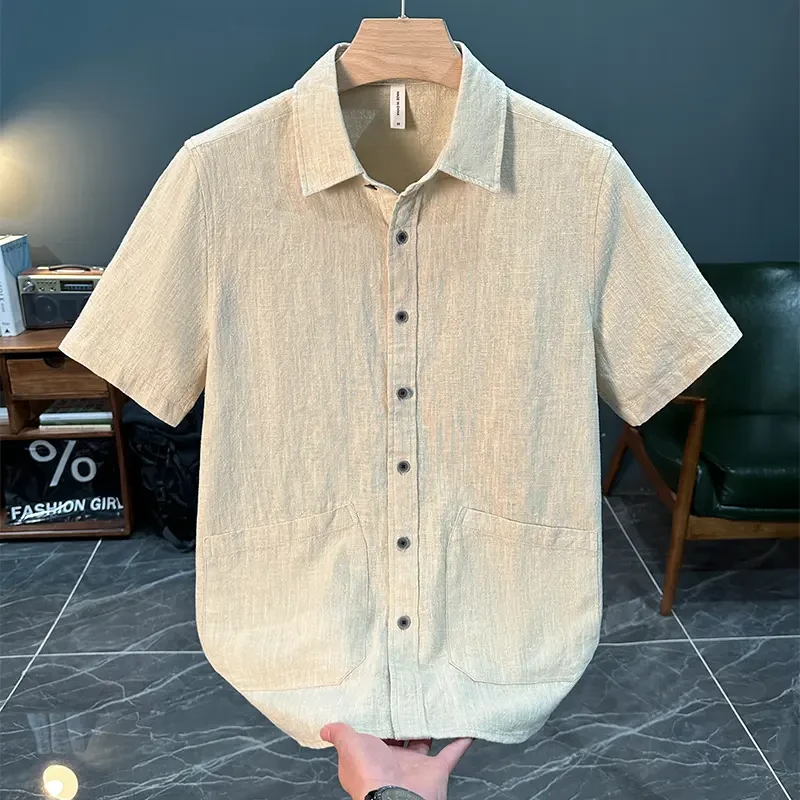 轻奢日系复古苎麻短袖衬衫男夏季薄款时尚百搭文艺休闲宽松衬衣潮