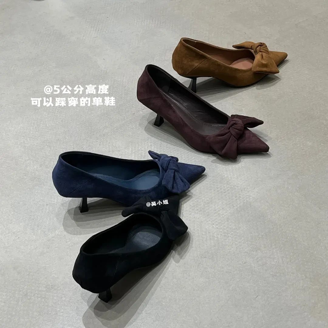 2025秋季黑色尖头绒面蝴蝶结复古女时尚细跟不累单鞋浅口小跟鞋