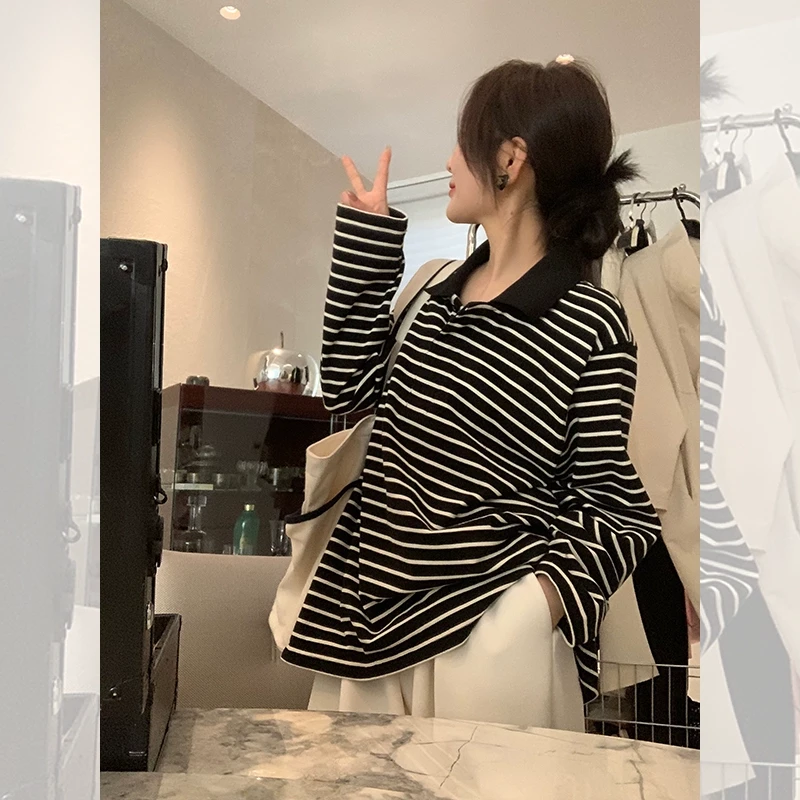 舒适具像化慵懒通勤日常 宽松长袖条纹针织POLO衫打底T恤QT231098