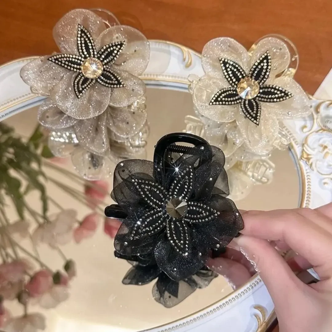 2025新款升级五叶草网纱花朵抓夹气质后脑勺盘发马尾鲨鱼夹