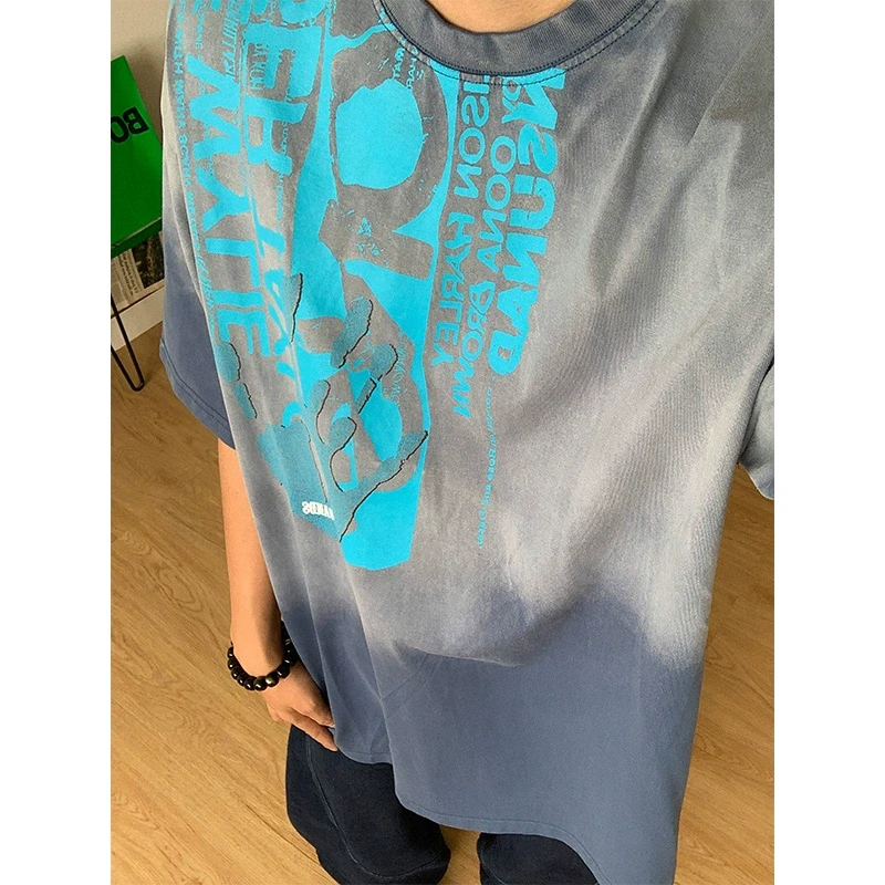 素素本SU原创欧美高街水洗扎染渐变短袖T恤男女小众潮牌情侣半袖