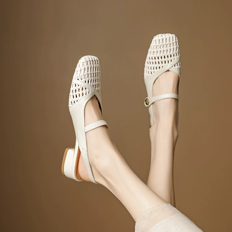 法式手工编织镂空穆勒包头拖鞋2025年新款春夏内增高女
