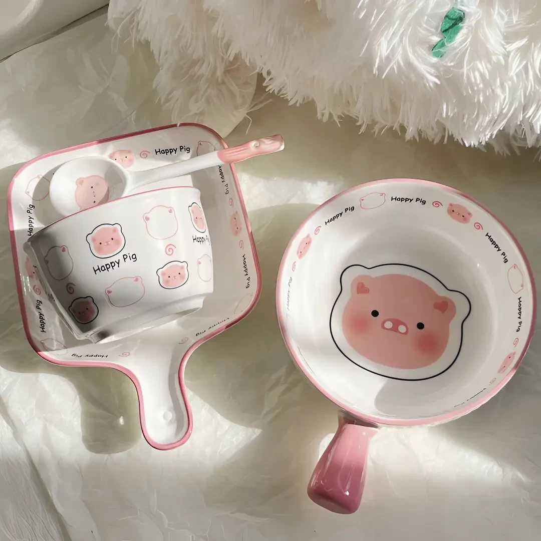 happy猪猪一人食可爱情侣少女餐具手把碗焗饭碗釉下彩高颜值餐具