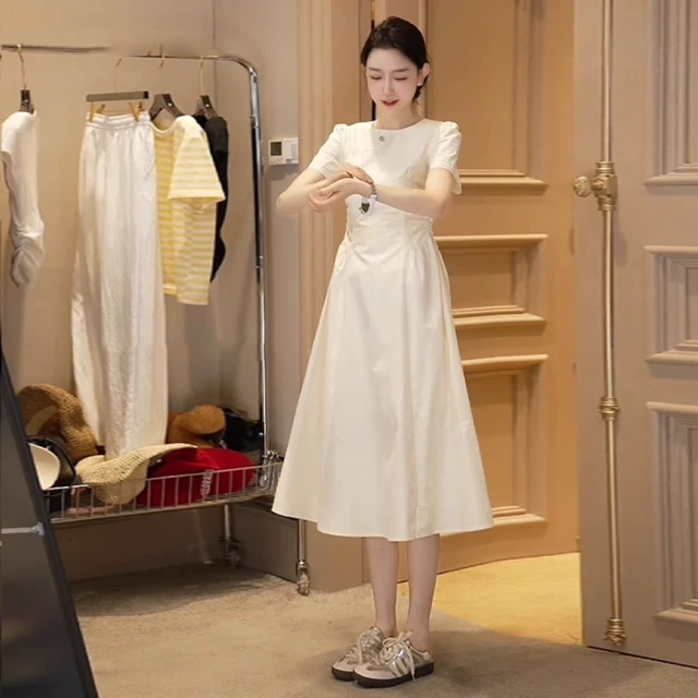 2025新款法式桔梗白色短袖连衣裙女夏高级感a字长裙收腰显瘦气质