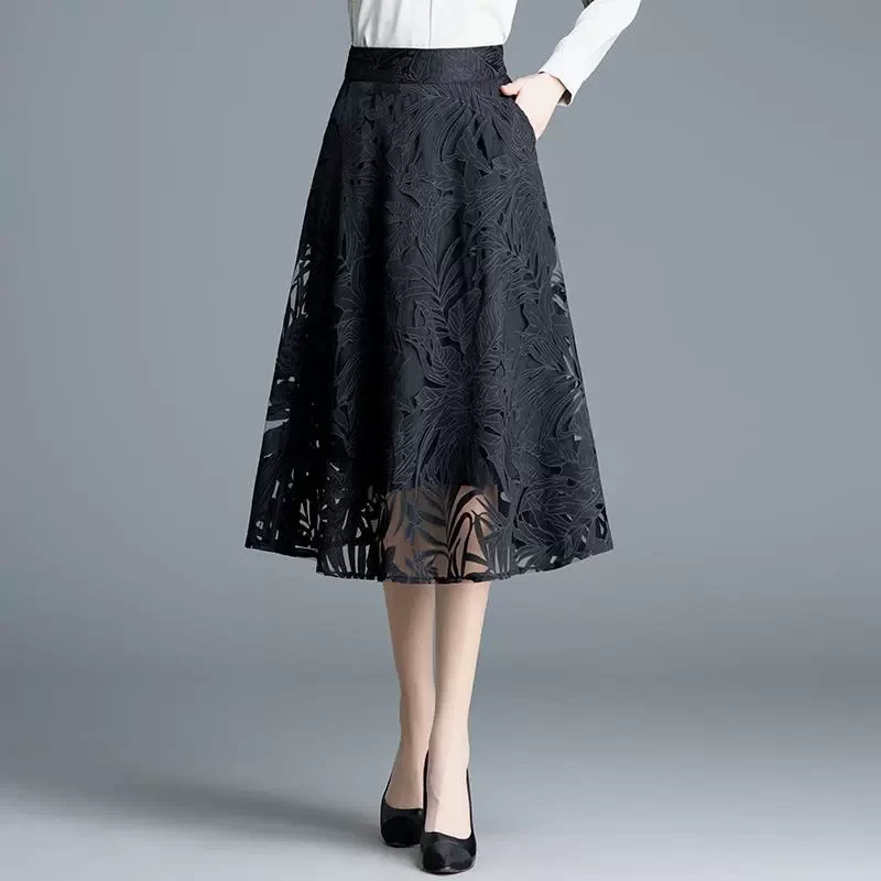 蕾丝纱裙a字裙女春季2025新款高腰显瘦半身裙中长款遮胯垂感伞裙