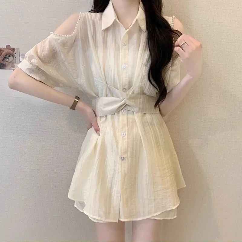 大码女装夏季宽松显瘦露肩收腰短袖衬衫微胖mm阔腿休闲短裤两件套