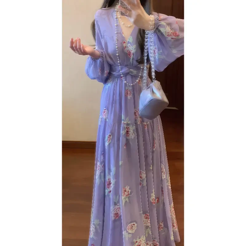 法式气质紫色V领连衣裙春夏长袖收腰裙子印花度假风大摆长裙